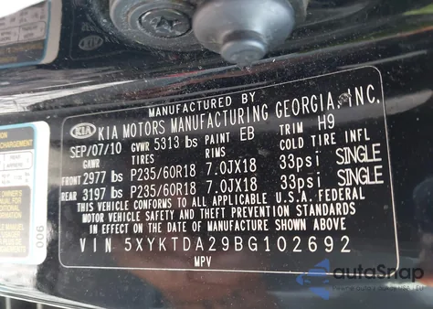2011 Kia Sorento Lx V6 from USA, damaged, VIN 5XYKTDA29BG102692